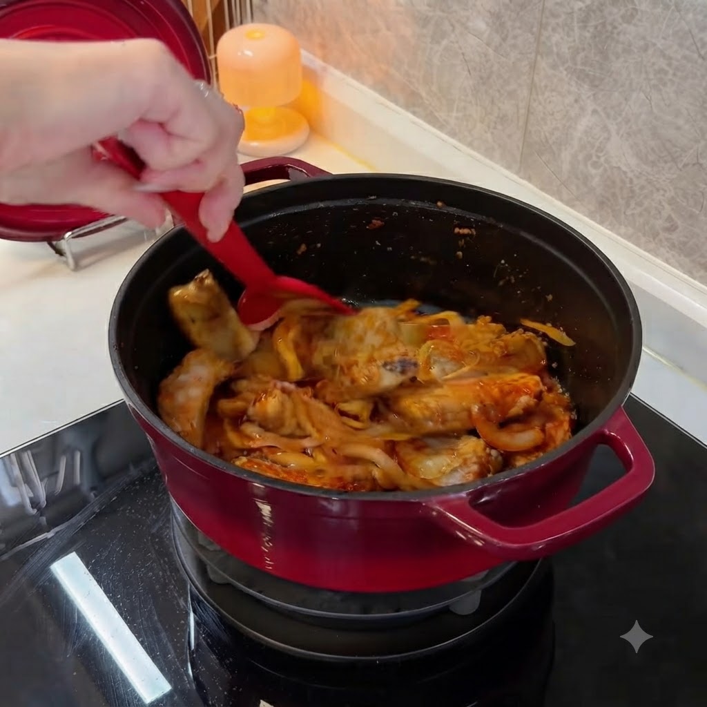 Cocotte rouge sur le feu contenant de la viande et des oignons mélangés avec une spatule.