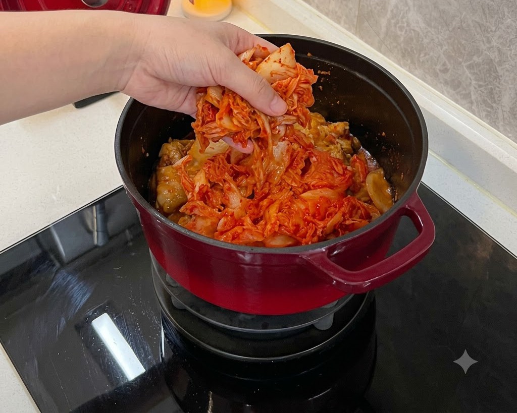 Main déposant une généreuse quantité de kimchi rouge vif sur la viande dans la cocotte.