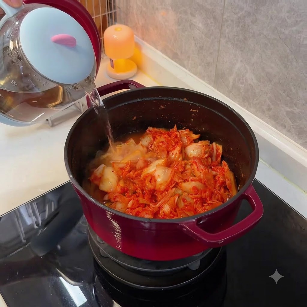 Versement deau chaude depuis une bouilloire en verre dans une cocotte rouge remplie de kimchi.