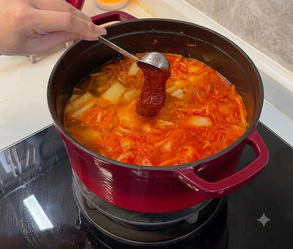 Cuillère de gochujang épais trempée dans le ragoût bouillonnant.