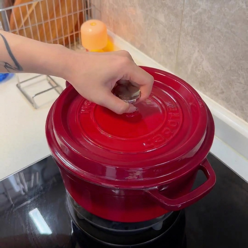 Personne plaçant un couvercle sur une cocotte en fonte rouge sur une plaque à induction noire.