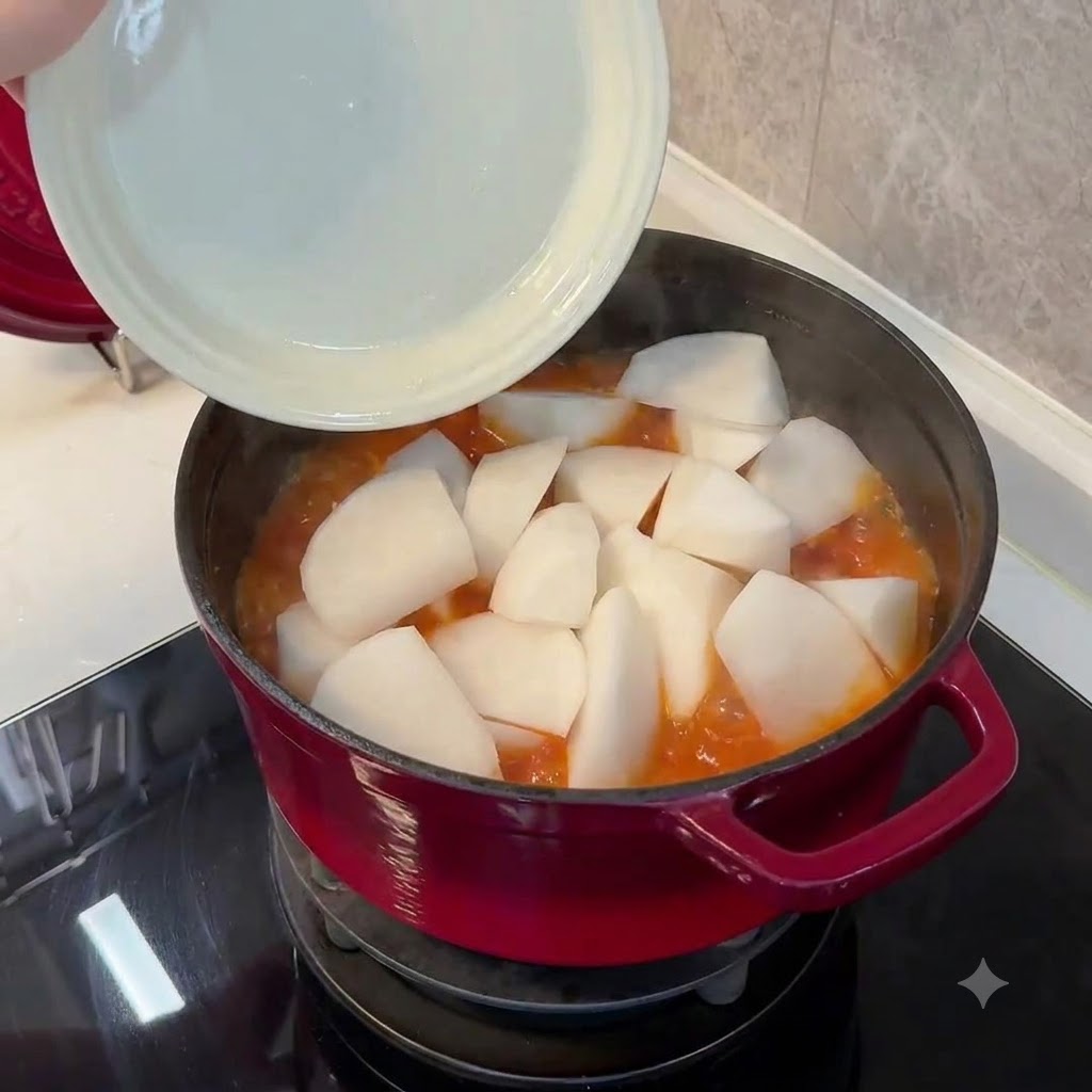 Assiette blanche faisant glisser de gros morceaux de radis dans un ragoût rouge bouillonnant.