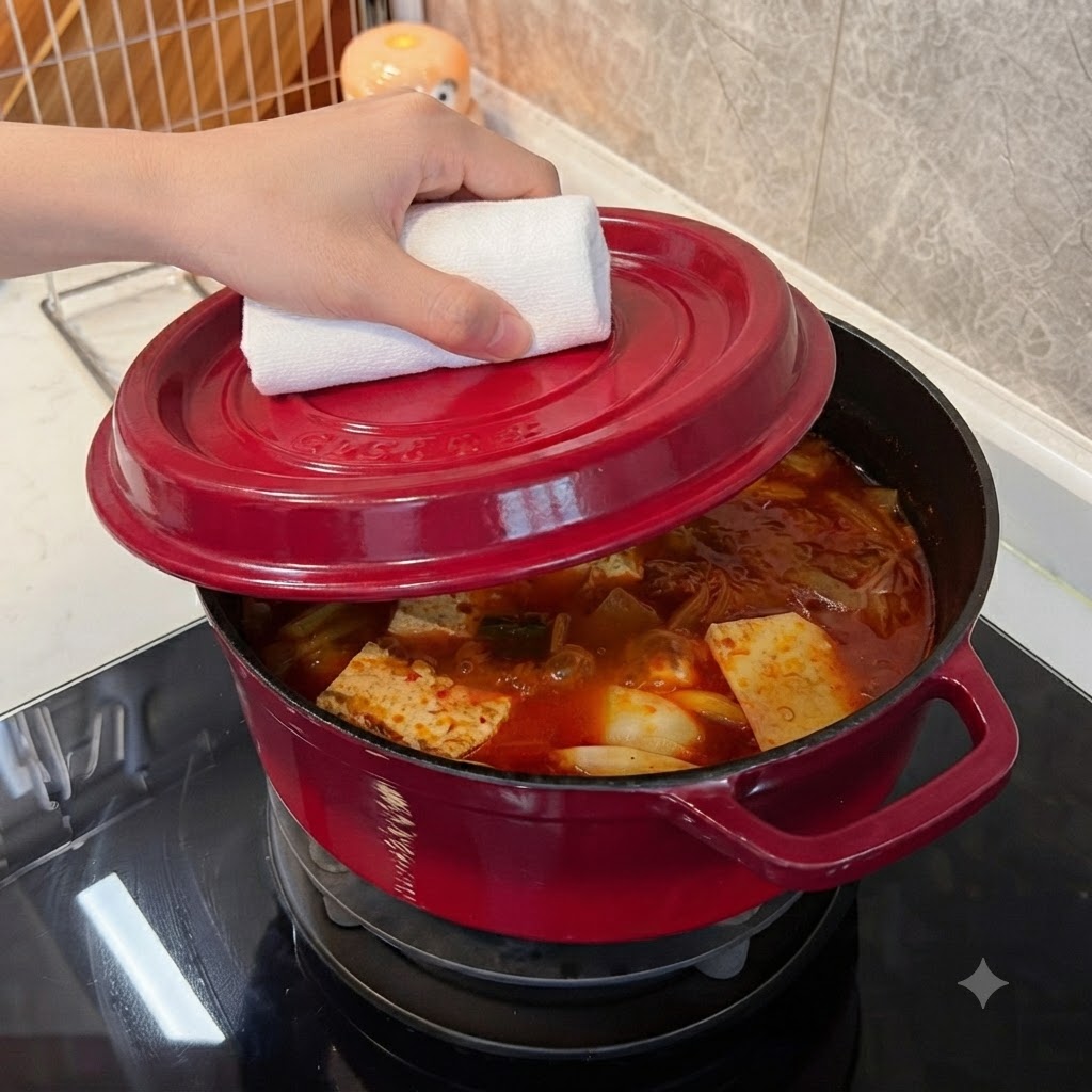 Main utilisant un torchon de cuisine blanc pour replacer le couvercle sur la cocotte.