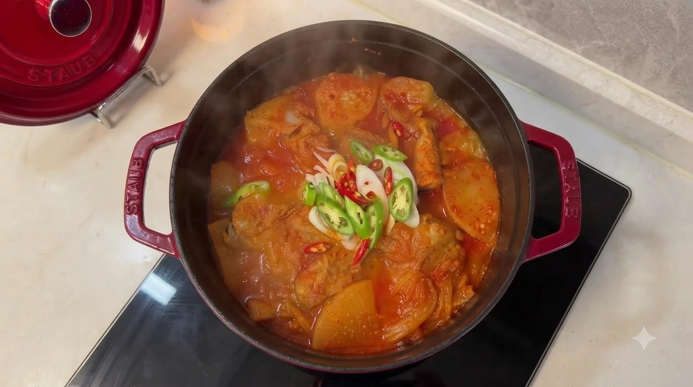 Un caquelon bouillonnant de ragoût coréen épicé au porc et au kimchi, garni de piments frais et de rondelles de ciboule.