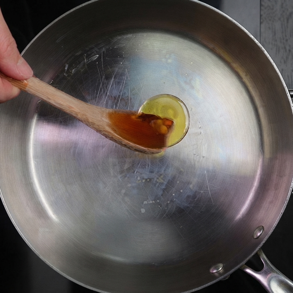 Une main tenant une cuillère en bois remplie dhuile dorée, la versant dans une poêle en acier inoxydable vide.