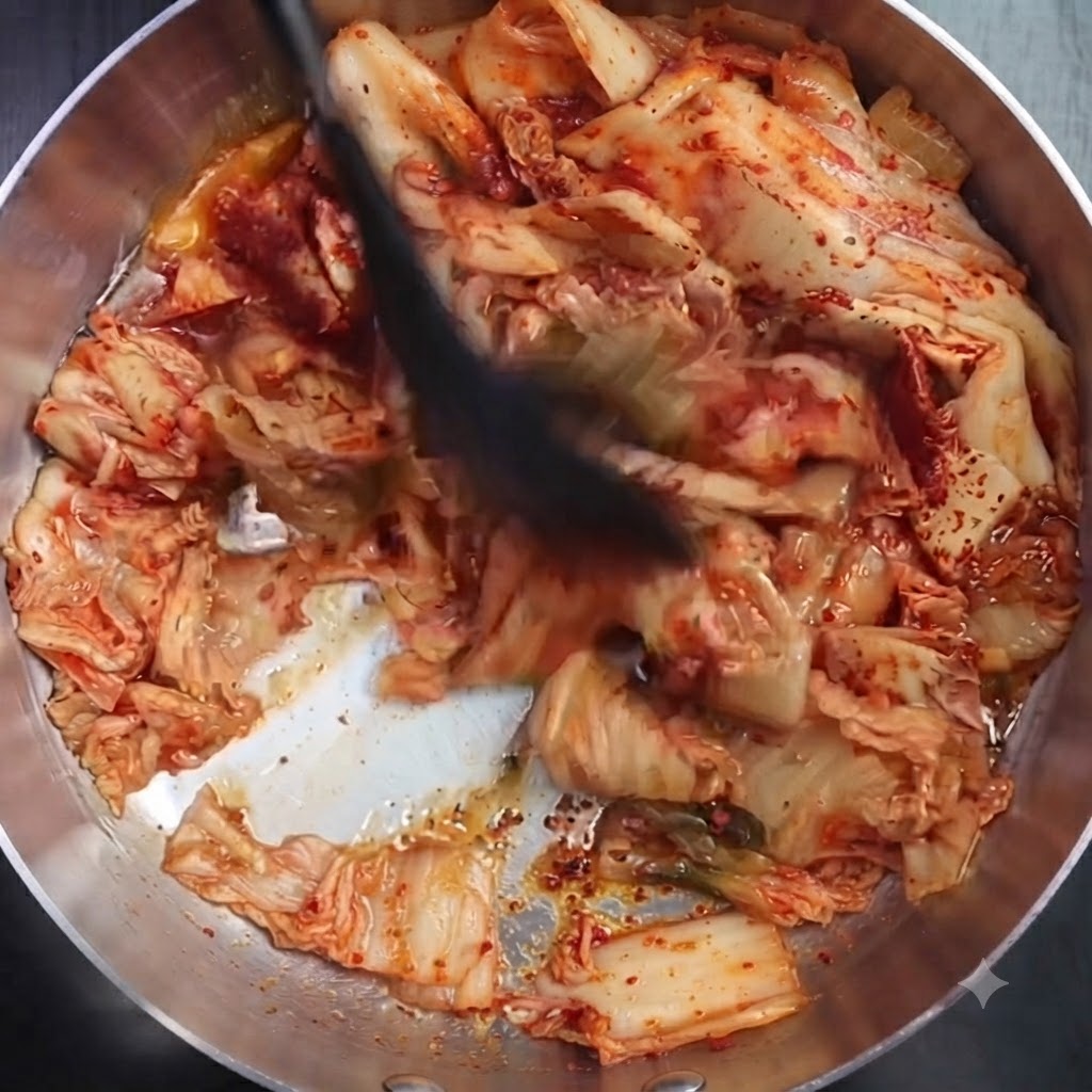 Du kimchi et de la poudre de piment en train dêtre sautés dans une casserole avec un ustensile de cuisine.