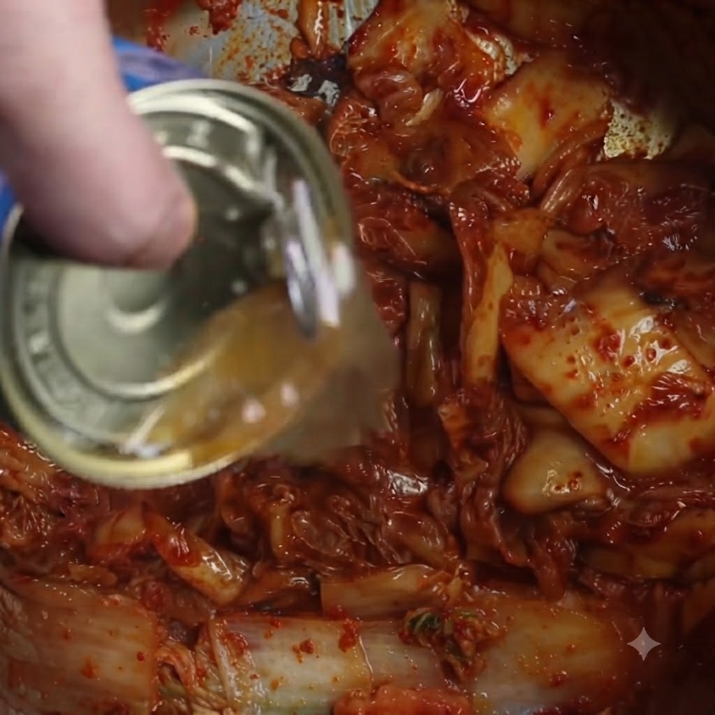 Le liquide dun contenant de poisson en conserve versé dans une casserole de kimchi cuit.