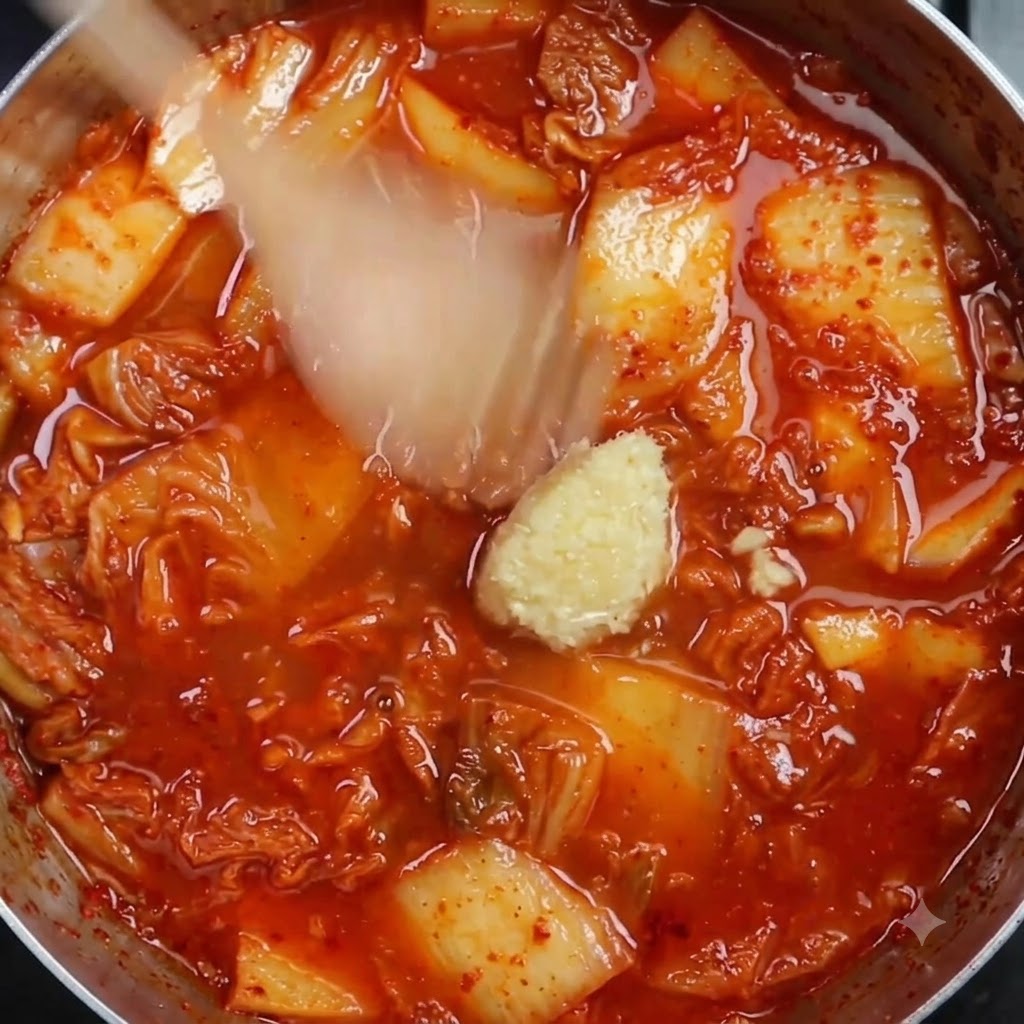 De lail émincé et des assaisonnements liquides reposant dans un bouillon de kimchi rouge frémissant.