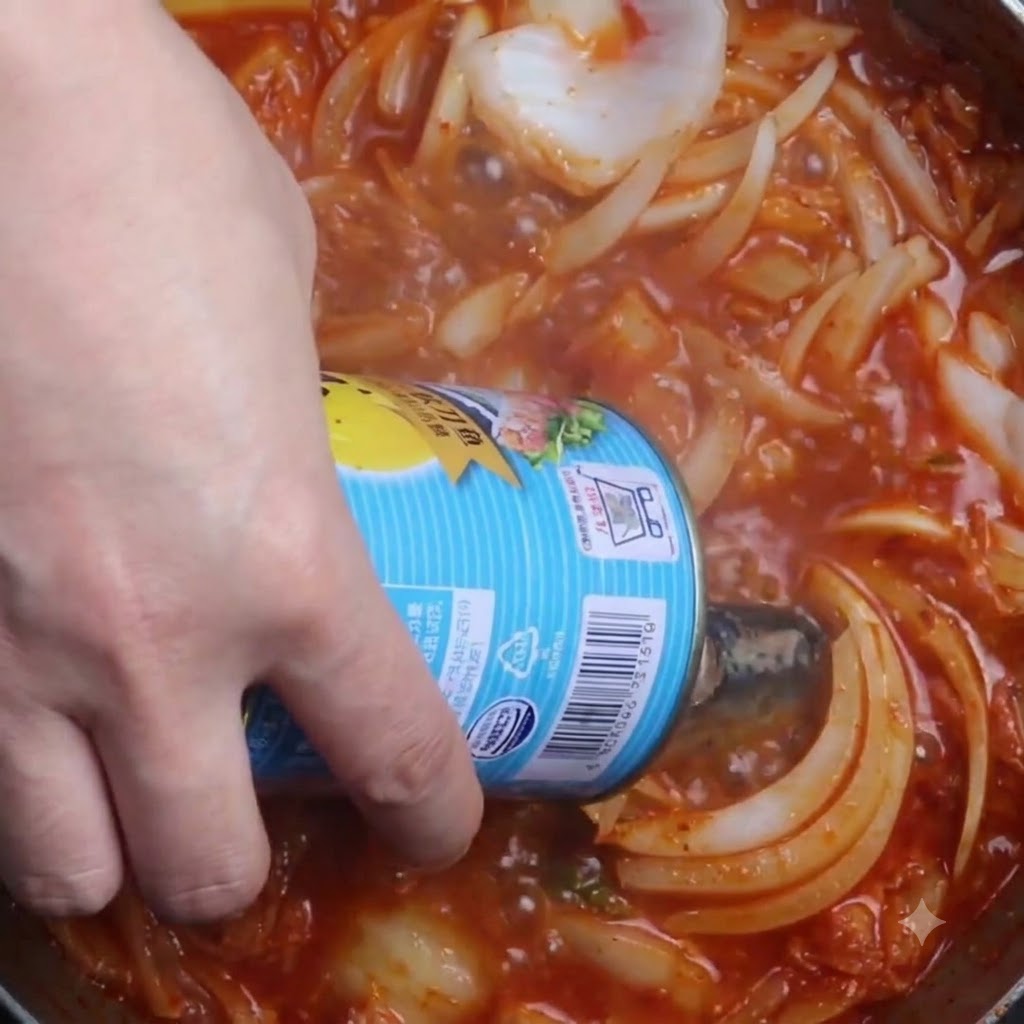 Des morceaux de poisson saumon ajoutés dune boîte dans une casserole de bouillon et doignons frémissante.