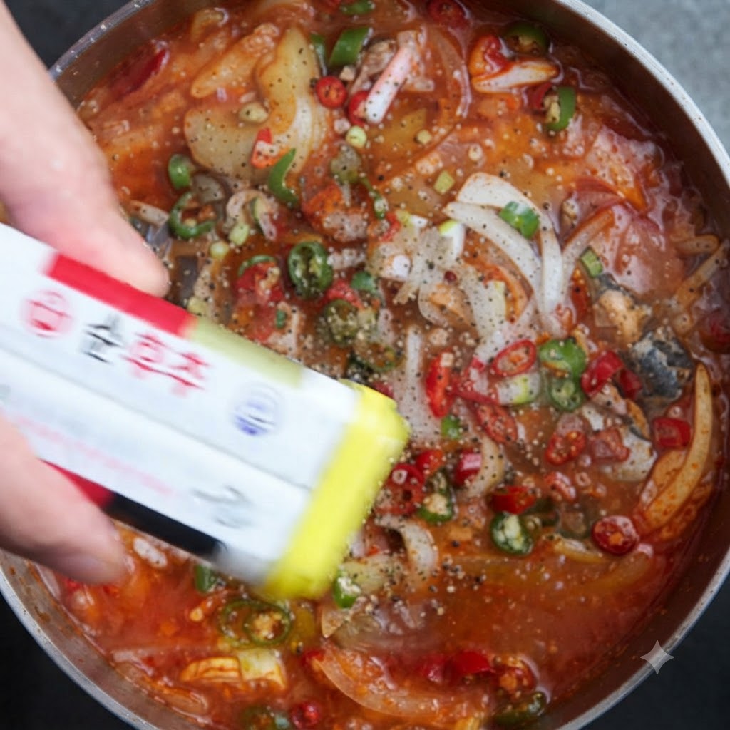 Une main secouant un contenant jaune et blanc pour saupoudrer du poivre en poudre sur une casserole de ragoût de saumon braisé.
