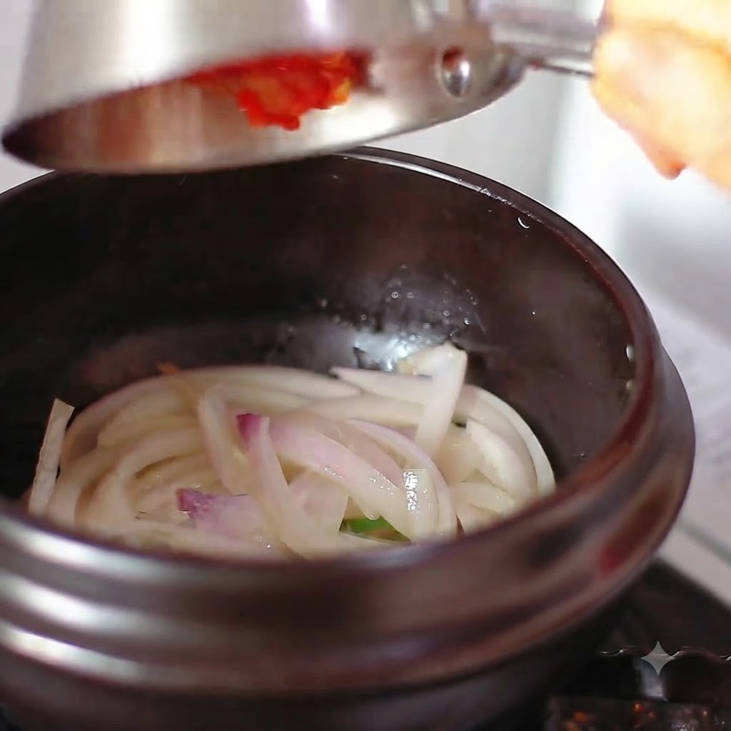 Kimchi et poudre de piment rouge ajoutés dans la marmite contenant les oignons.