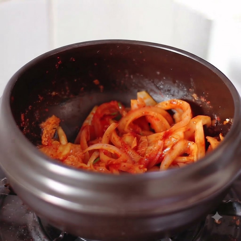 Le mélange de kimchi et doignons frémissant dans la marmite après lajout des liquides.