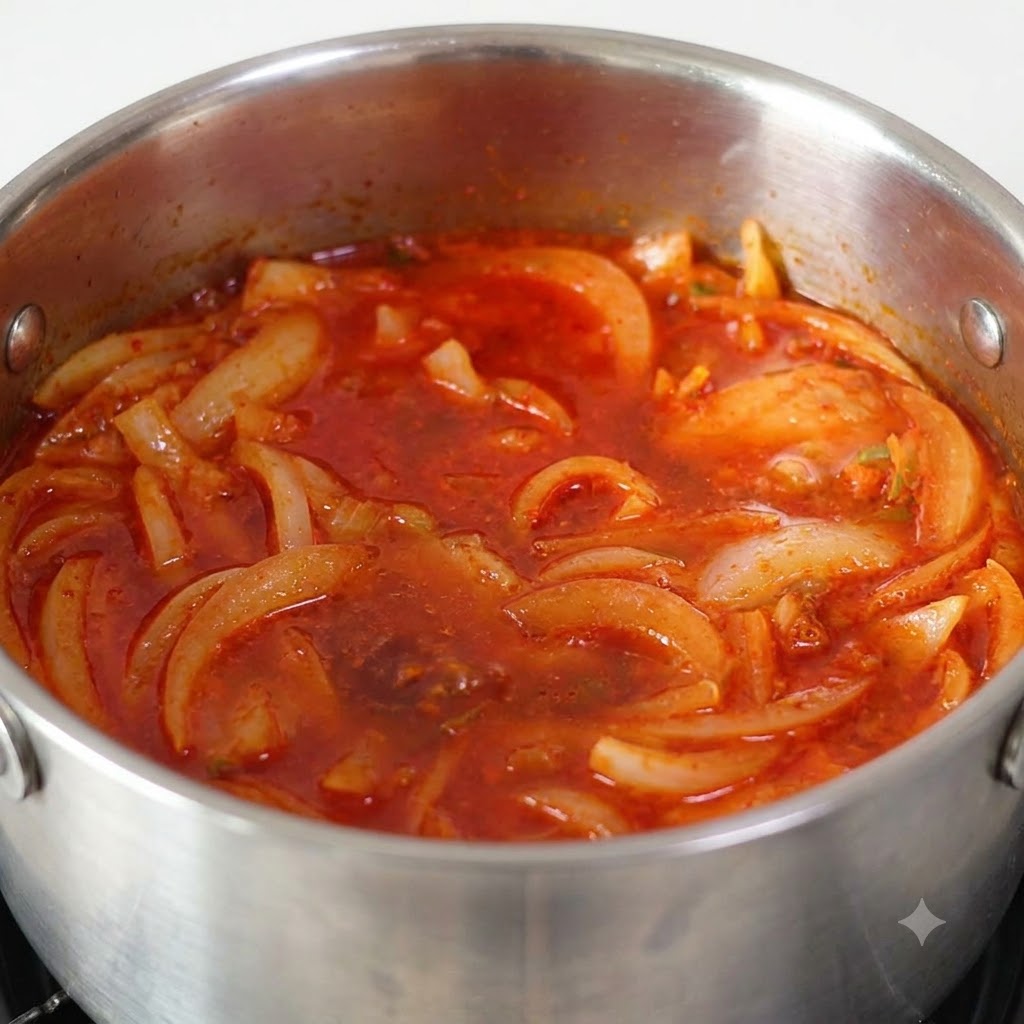Morceaux de thon mélangés dans la base de soupe rougeâtre frémissante.