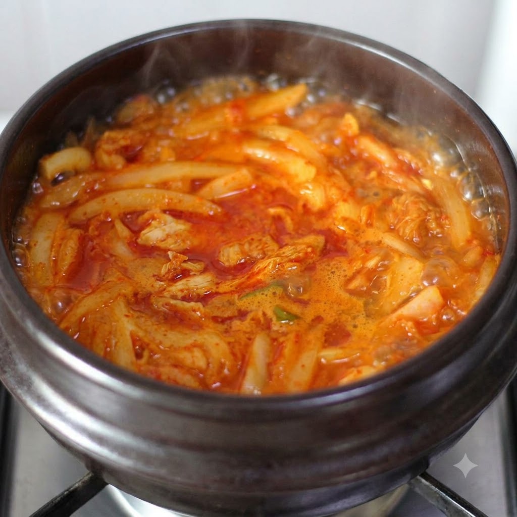 Soupe rouge bouillonnante dans une marmite en terre cuite doù séchappe de la vapeur.