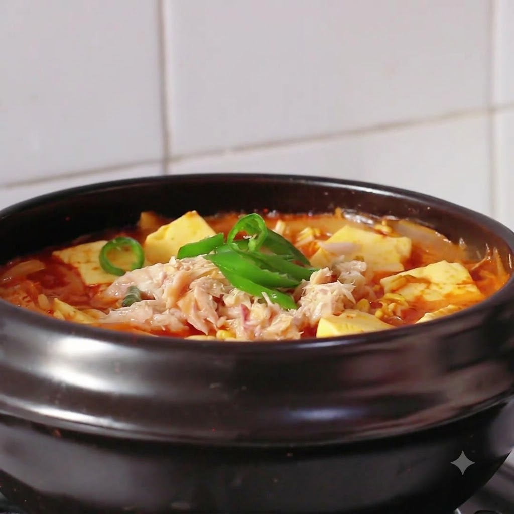 Bol fumant de soupe au kimchi, thon et tofu, garni de rondelles de piments et de sésame.