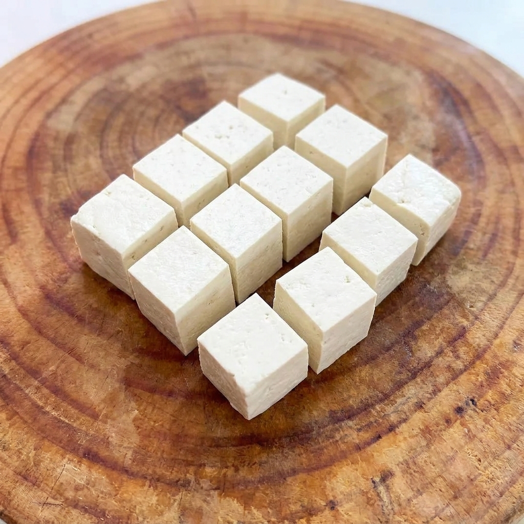 Des cubes de tofu blanc parfaitement coupés et disposés proprement sur une planche à découper en bois.