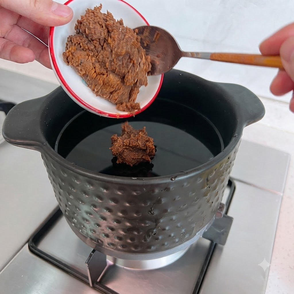 Deux cuillerées de pâte de soja ajoutées dans une casserole deau bouillante.