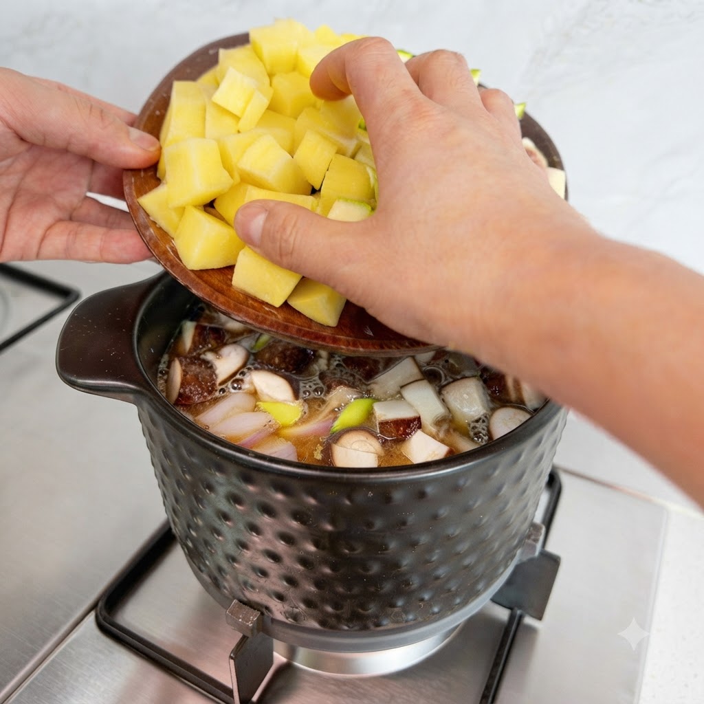 Dés de pommes de terre et de courgettes ajoutés dans la casserole depuis un plateau en bois.