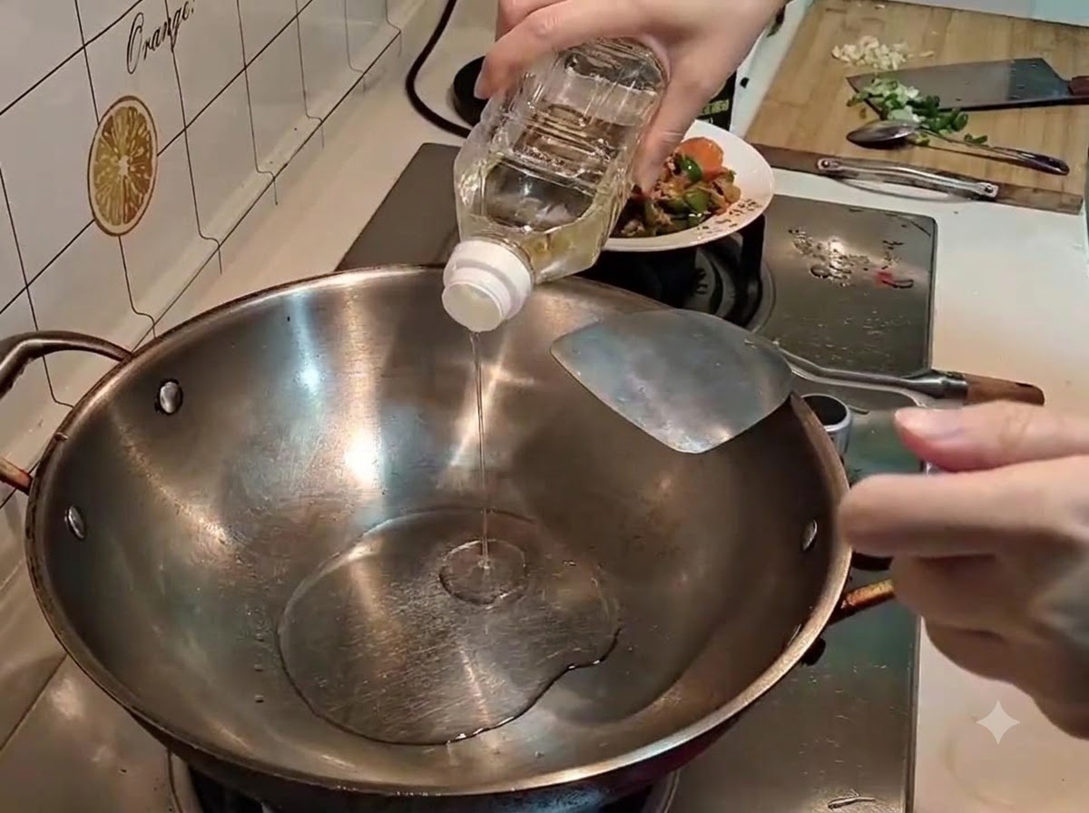 Une main versant de lhuile de cuisson claire dune bouteille en plastique dans un wok en acier inoxydable chauffé.