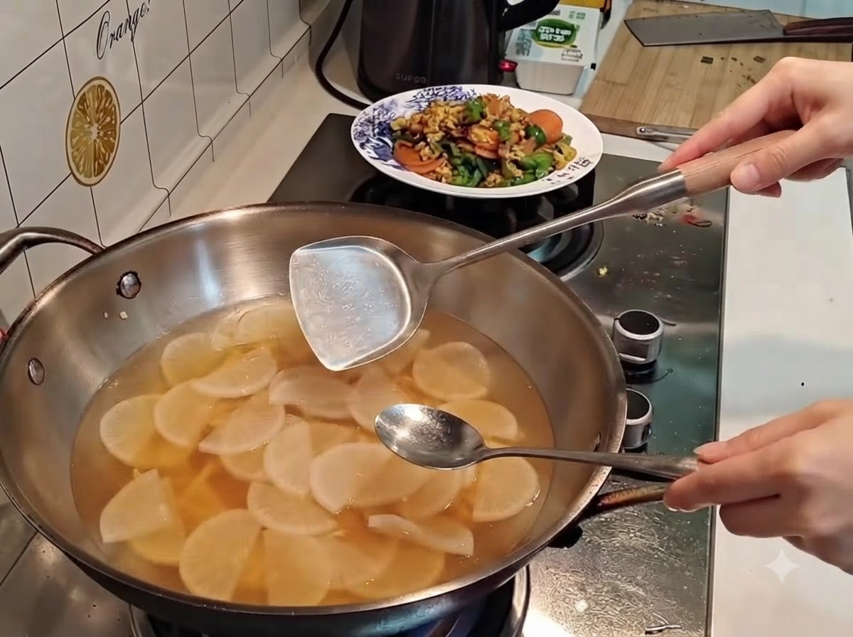 Une spatule et une cuillère remuant une marmite de soupe bouillante avec des radis et du bouillon.