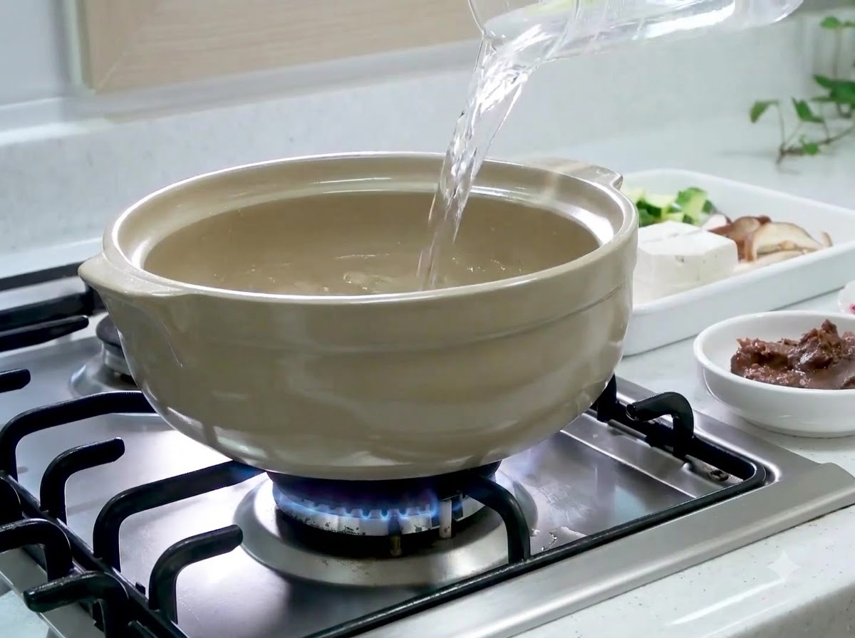 De leau est versée dun verre doseur dans une marmite en céramique beige sur un brûleur à gaz allumé.
