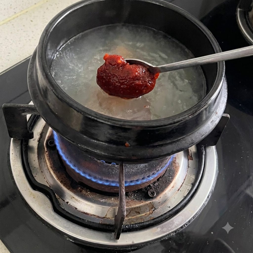 Une cuillère tenant de la pâte ssamjang positionnée au-dessus dune casserole de bouillon frémissant.