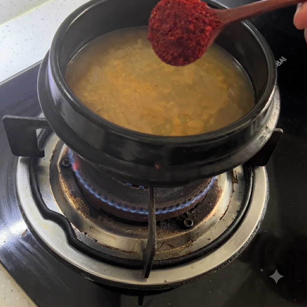 Une cuillère en bois contenant de la poudre de piment rouge au-dessus dune casserole de bouillon assaisonné.