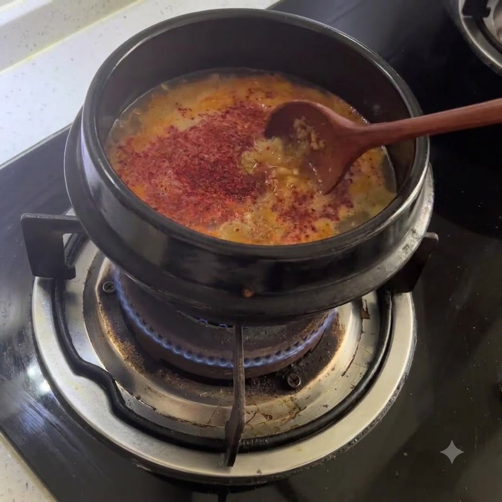 Une cuillère en bois remuant la poudre dassaisonnement dans un bouillon rougeâtre frémissant.