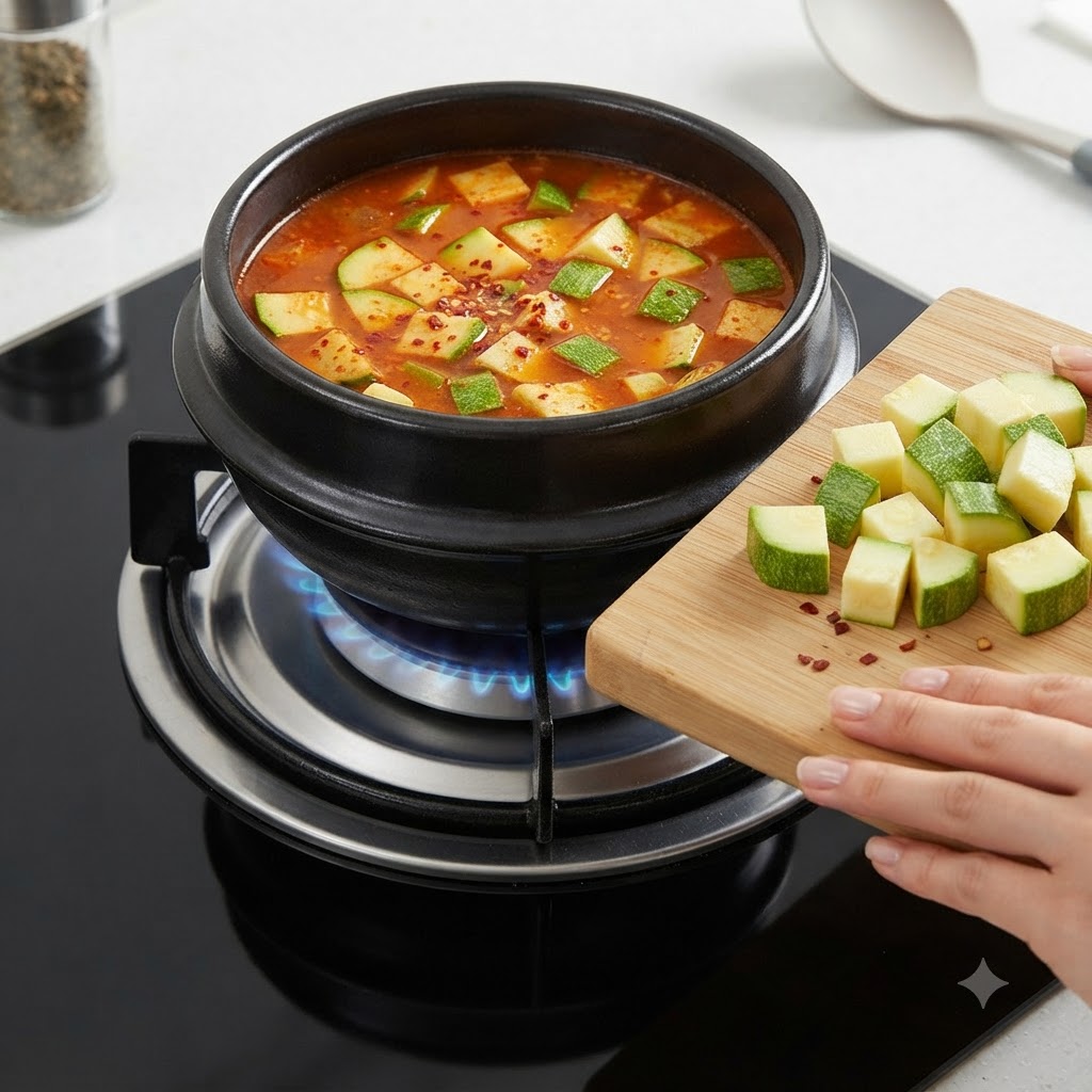 La main dune personne faisant glisser des cubes de courgettes vertes dune planche à découper en bois dans une casserole de soupe.