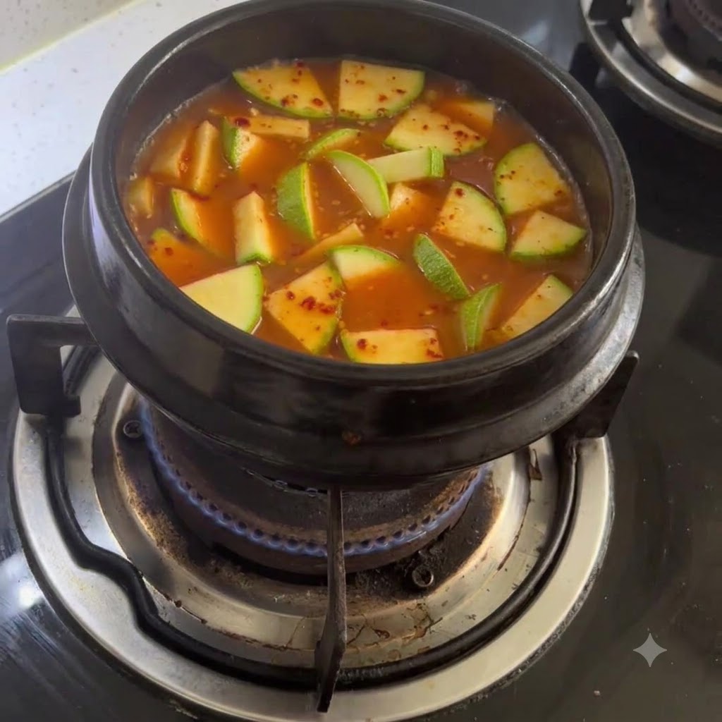 Des morceaux doignon haché mijotant à lintérieur dune casserole de bouillon épicé sur une cuisinière à gaz.