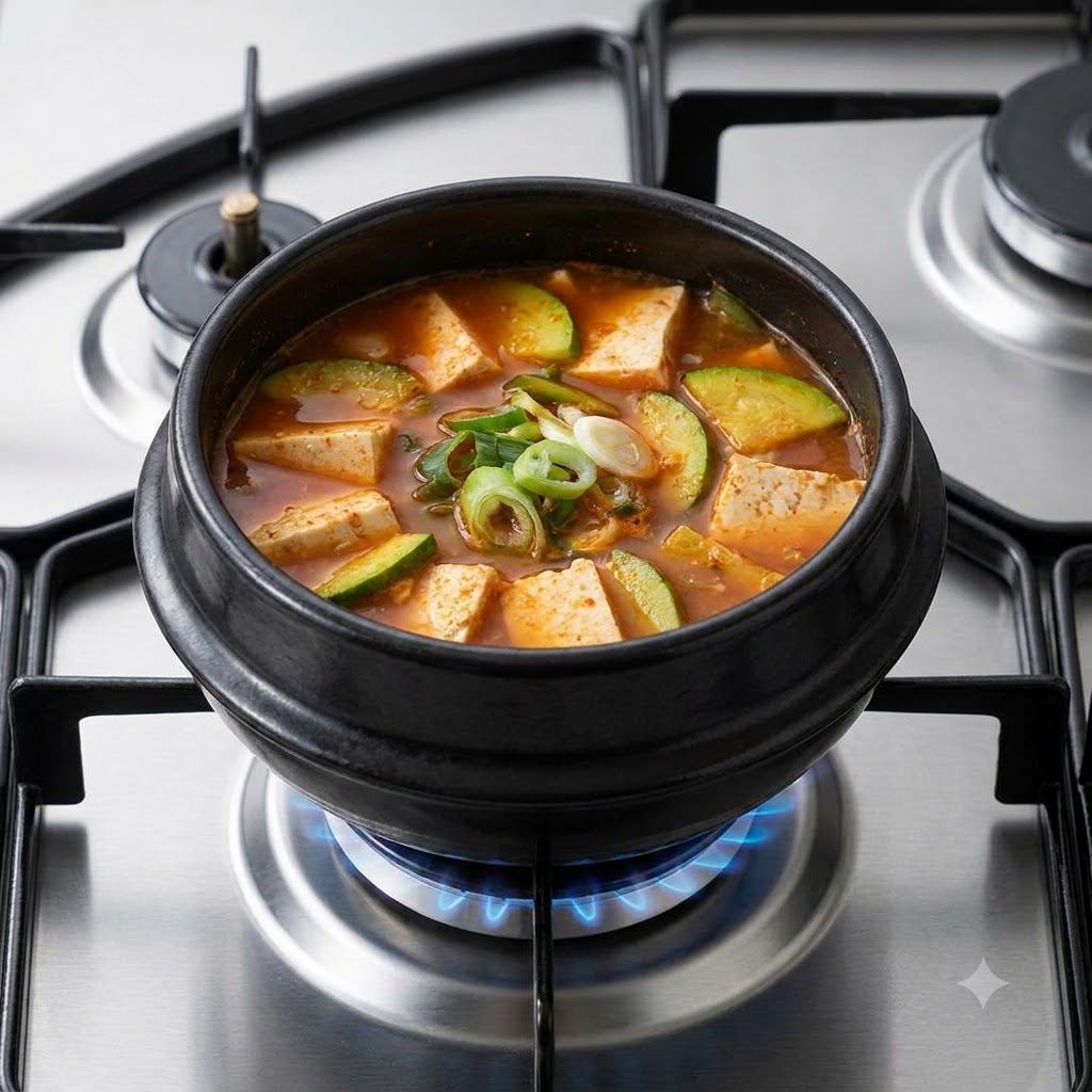 Gros plan dune casserole remplie de soupe contenant des courgettes coupées en tranches, du tofu et un monticule central doignons verts et de piments hachés.