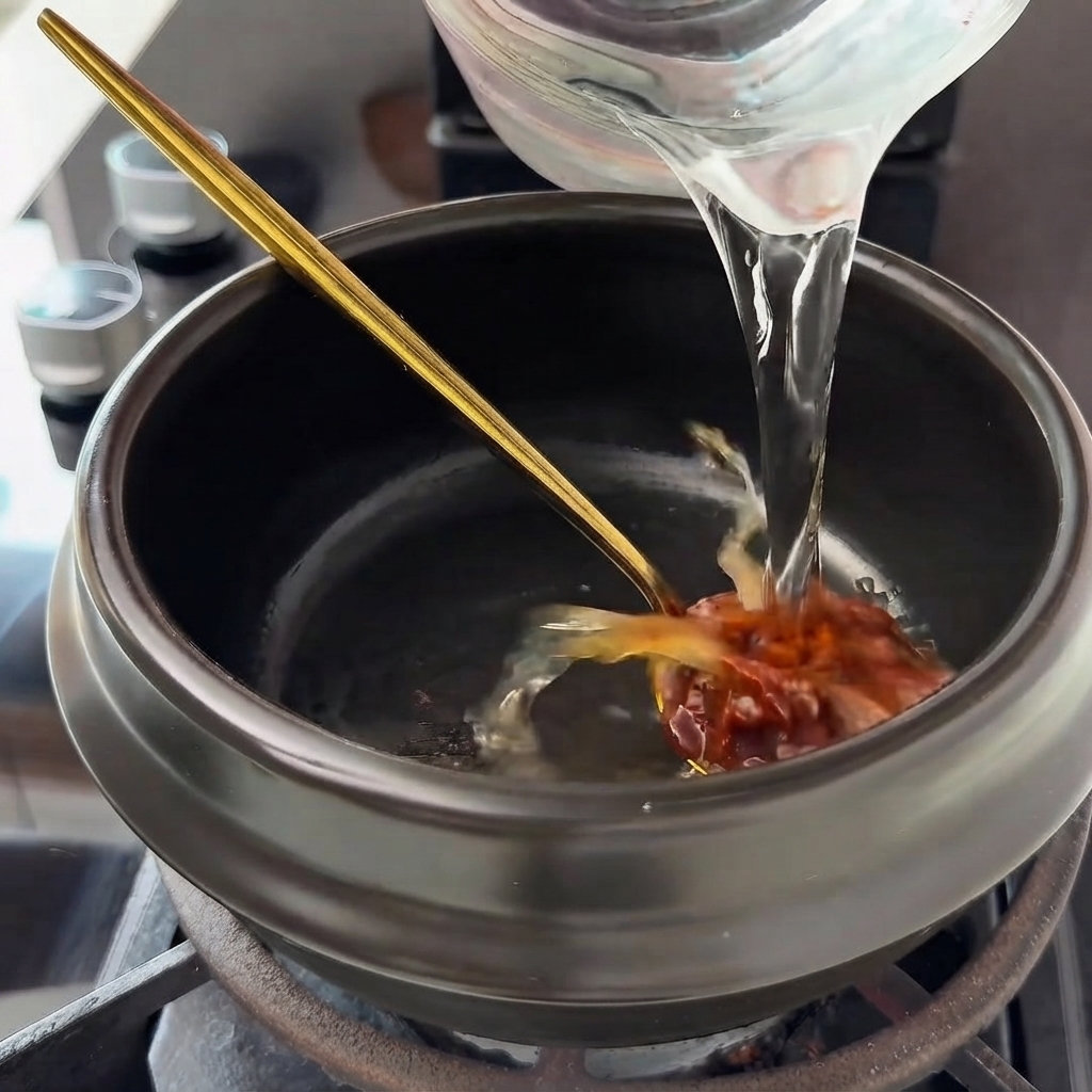 De leau claire versée dun verre doseur dans un pot contenant de la pâte de soja.
