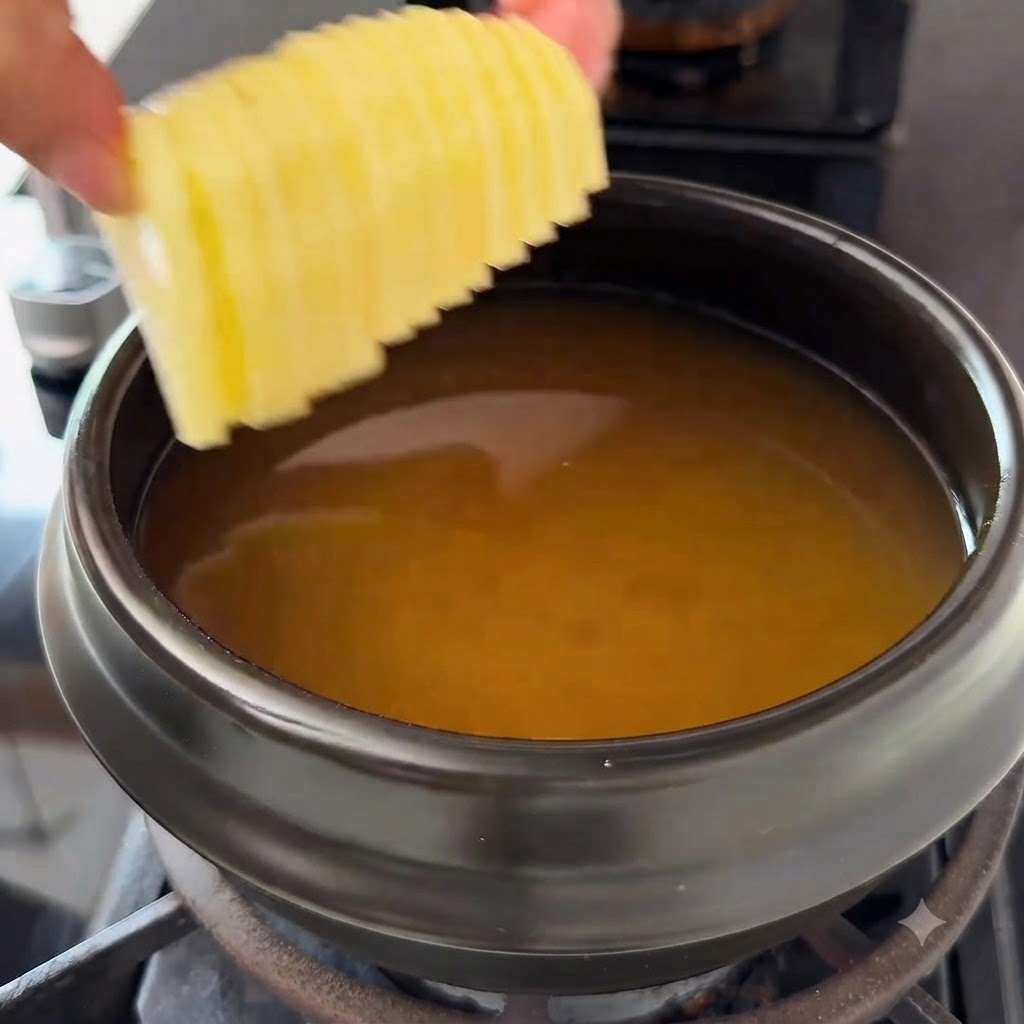 Rondelles de pommes de terre et champignons shiitake ajoutés dans la marmite de bouillon.