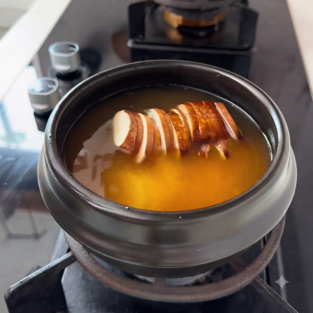 Des oignons en dés déposés dans la marmite bouillante.