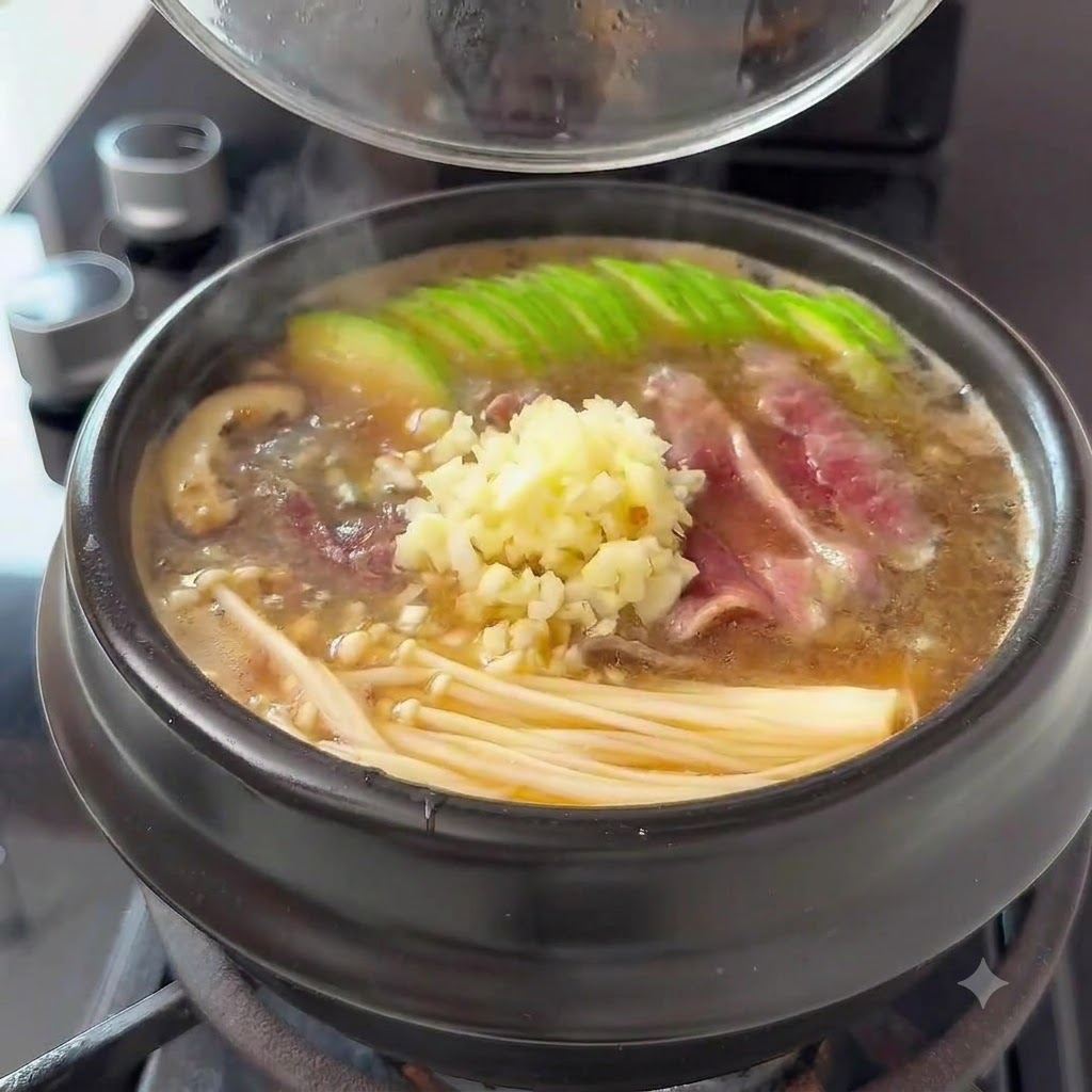 Ail émincé, poudre de piment et poudre de bœuf ajoutés dans le pot bouillonnant.