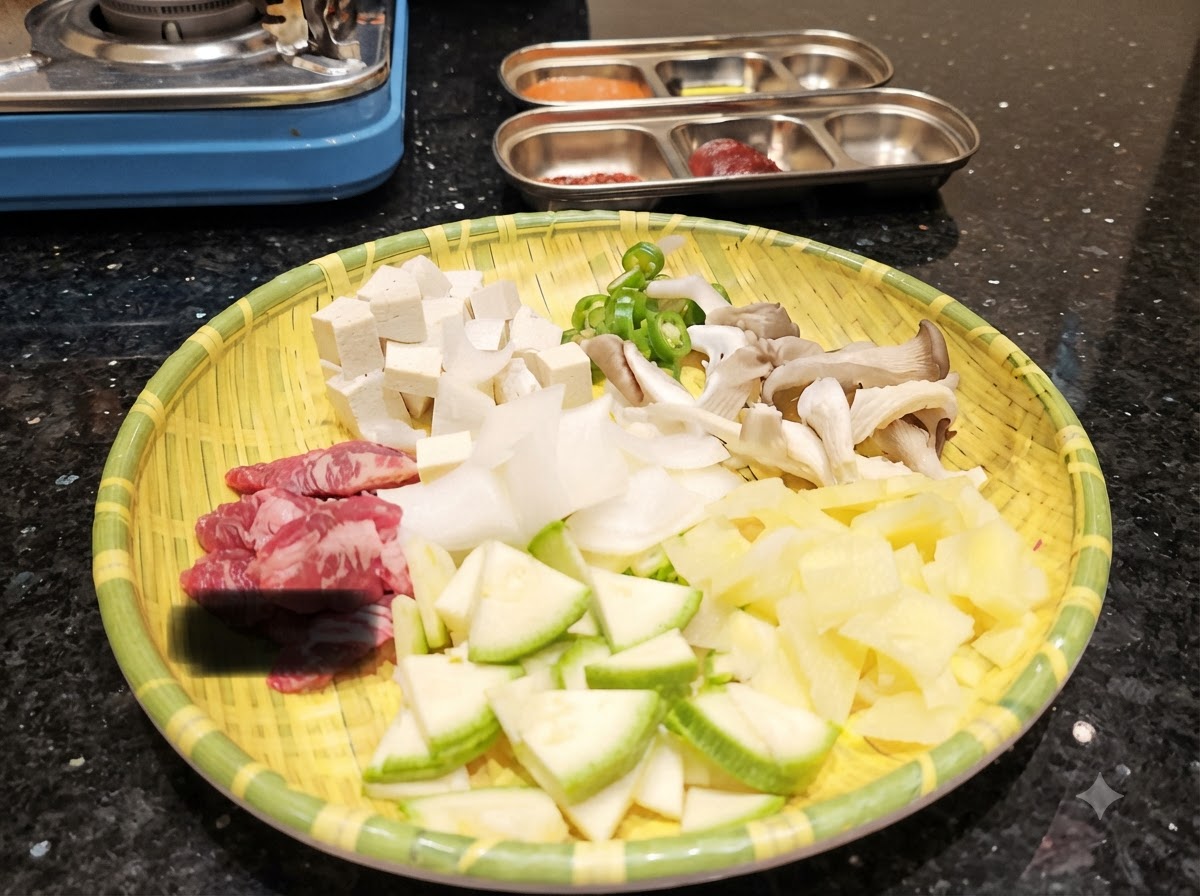 Un plateau rond en osier rempli dingrédients préparés : cubes de tofu, rondelles de courgette, champignons, pommes de terre, piments verts et morceaux de bœuf cru.