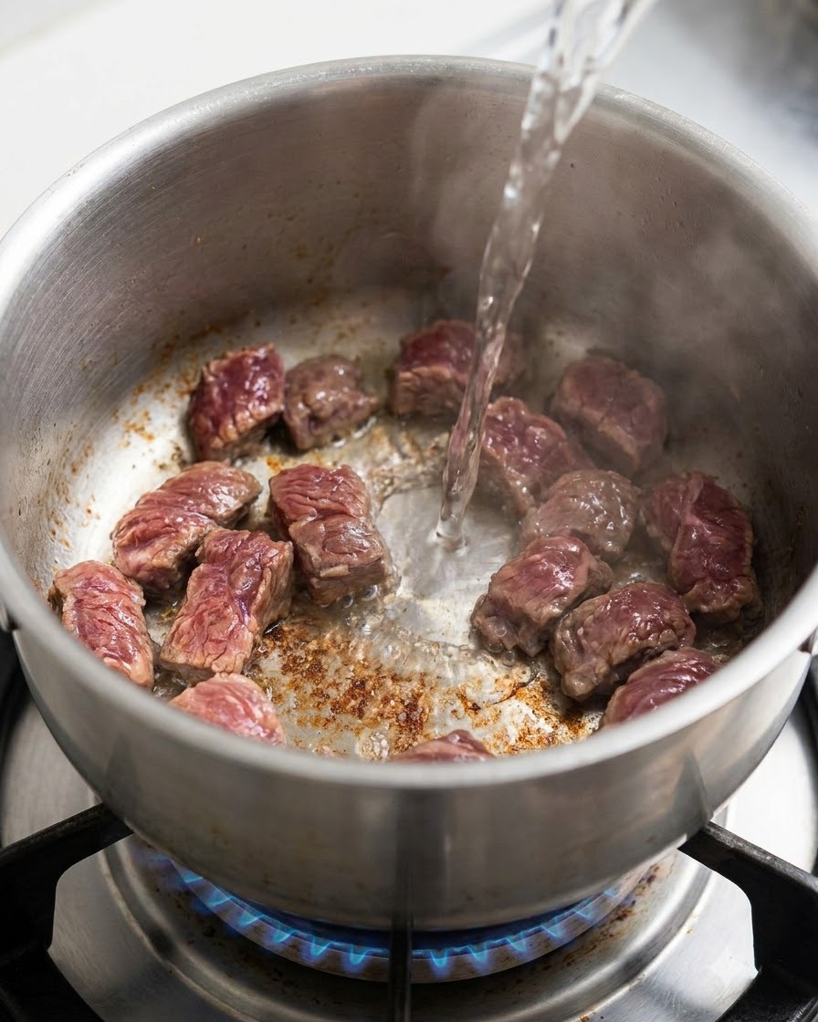 Du liquide clair versé dans une casserole contenant des morceaux de bœuf dorés.