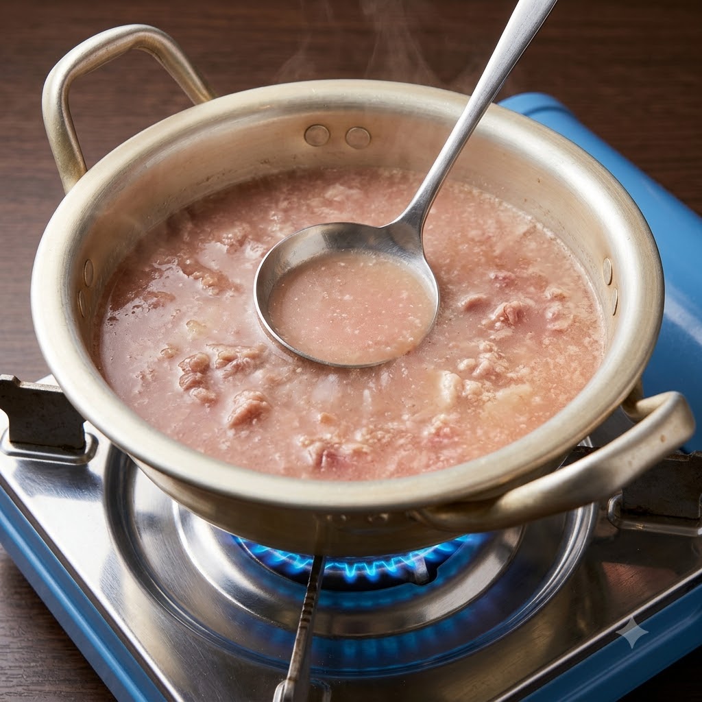 Une louche mélangeant de la pâte de soja et de la pâte de piment dans un bouillon bouillant avec du bœuf cuit à lintérieur dune casserole en métal.