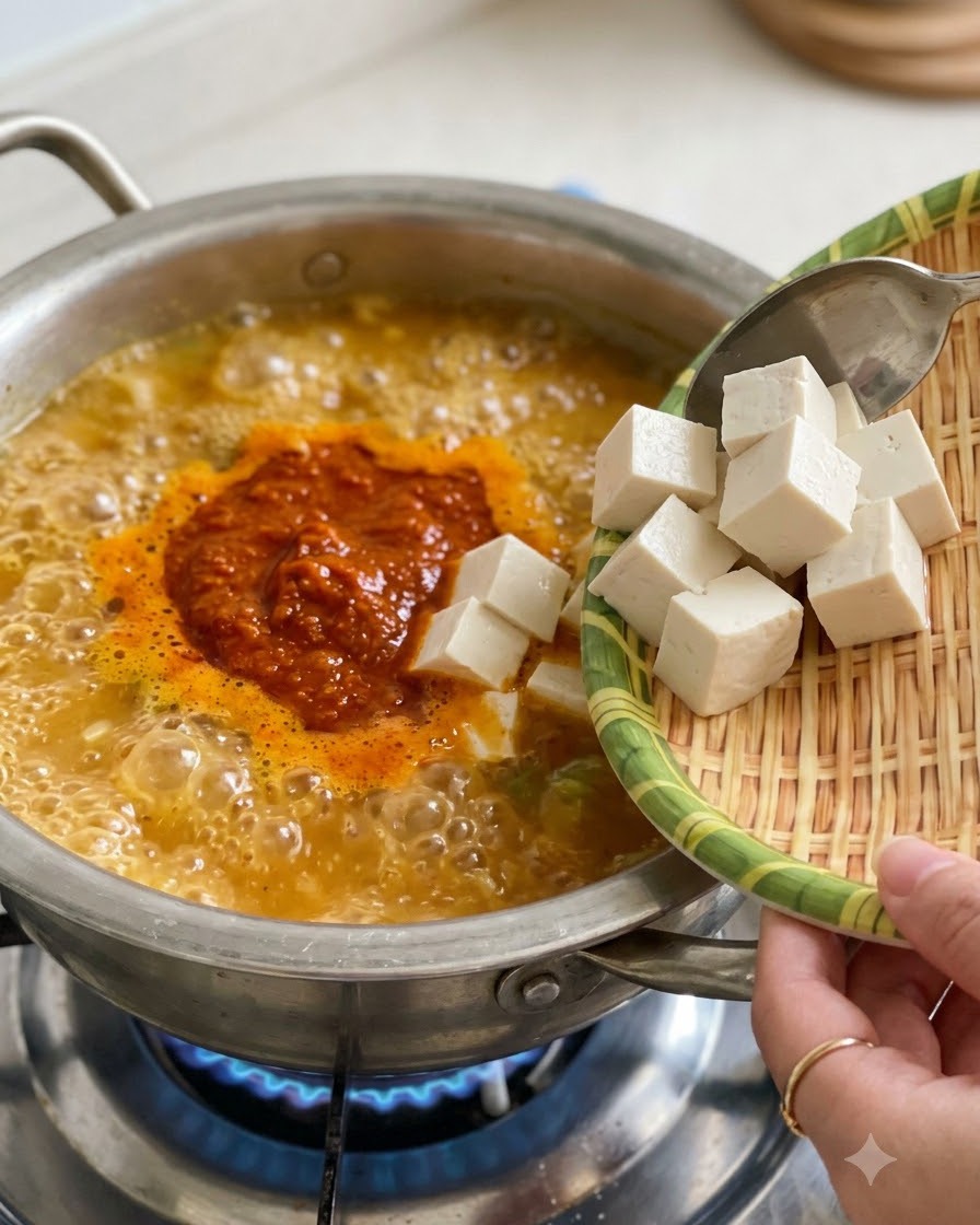 Des cubes de tofu blanc glissant dun petit plateau en osier dans une casserole de ragoût de soja coréen en train de bouillir vigoureusement.