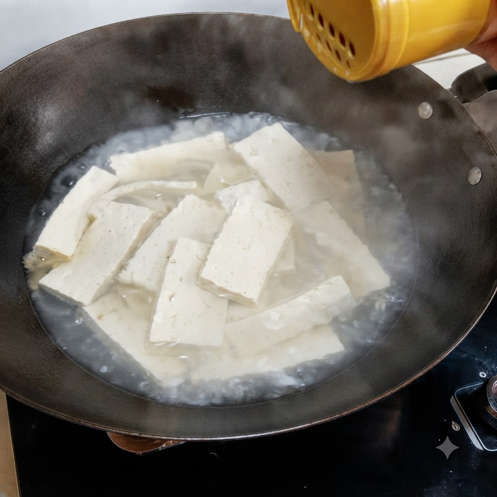 Des assaisonnements saupoudrés dun shaker jaune dans un wok plein de lanières de tofu bouillantes.