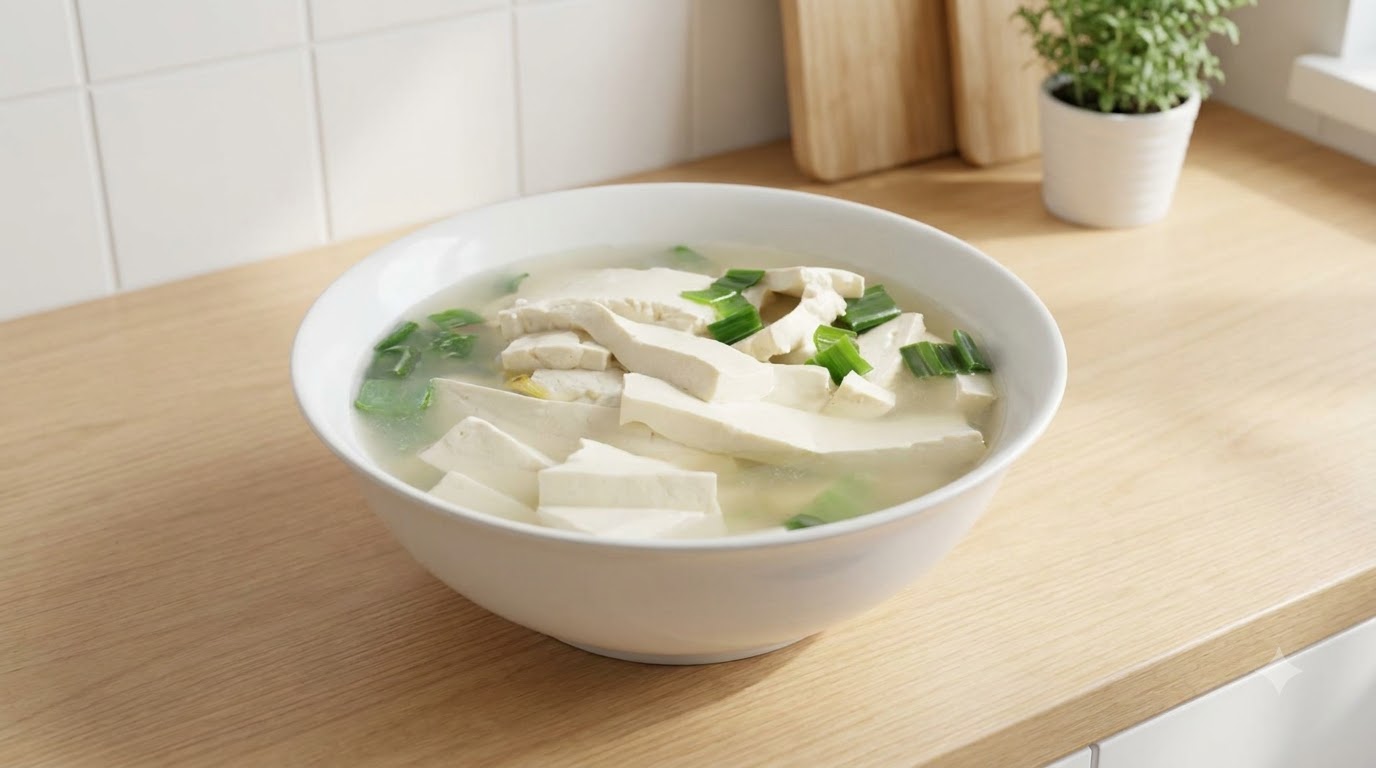 Un bol réconfortant de soupe claire au tofu garni doignons verts frais.