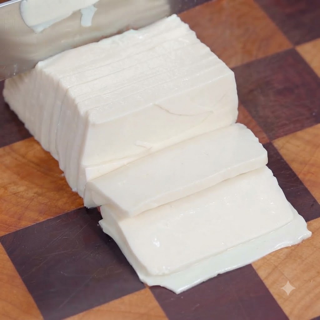 Du tofu coupé en fines tranches et taillé en julienne sur une planche à découper en bois.