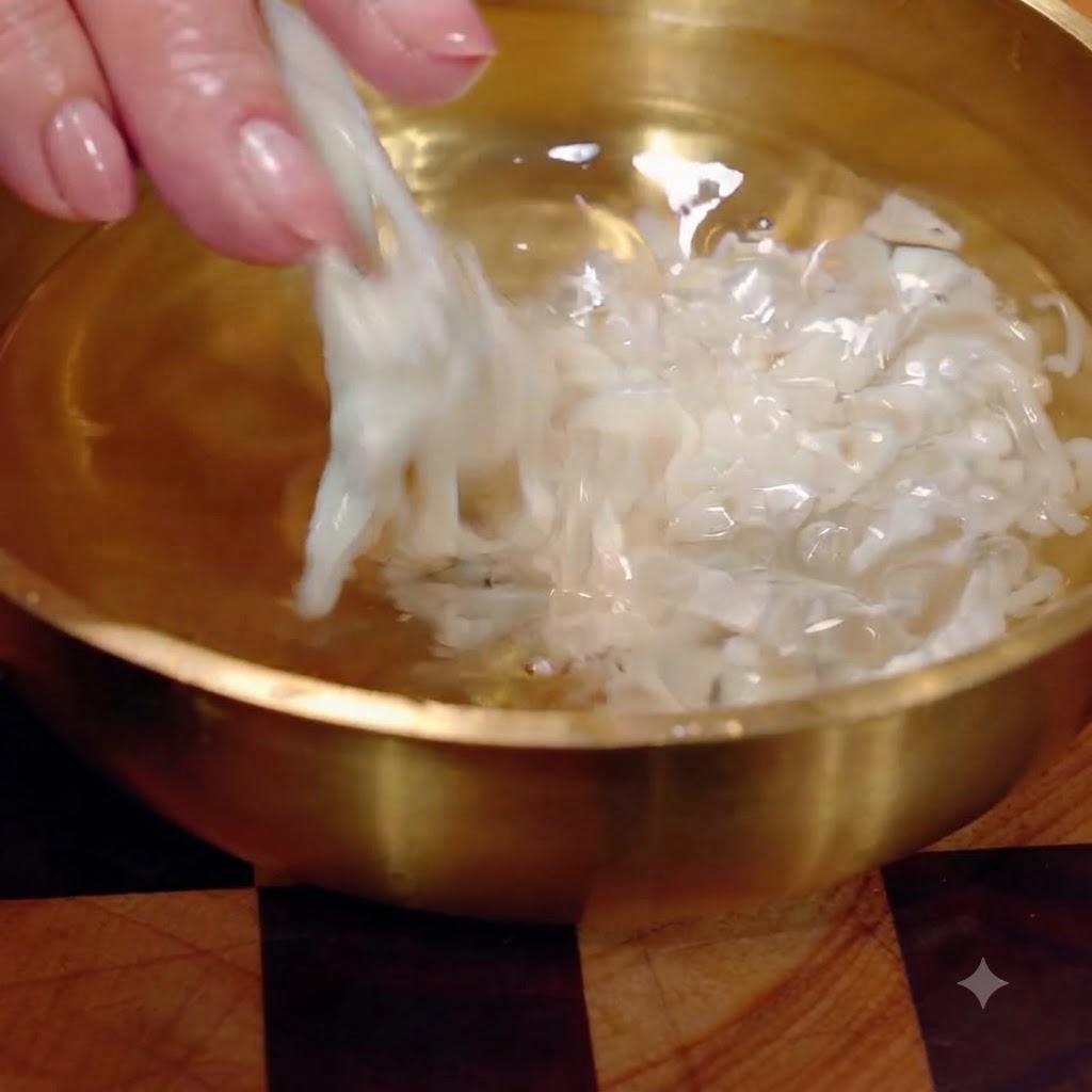 Des lanières de tofu en julienne placées dans un bol deau claire et en train dêtre séparées.