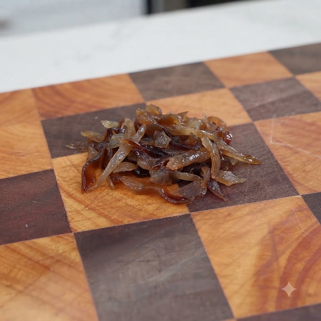 Du fungus noir émincé entassé sur une planche à découper en bois.
