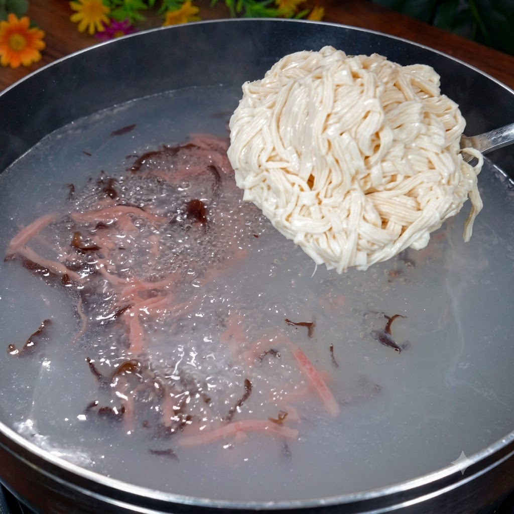 Du tofu émincé ajouté dans la casserole bouillante et mélangé doucement avec une louche.
