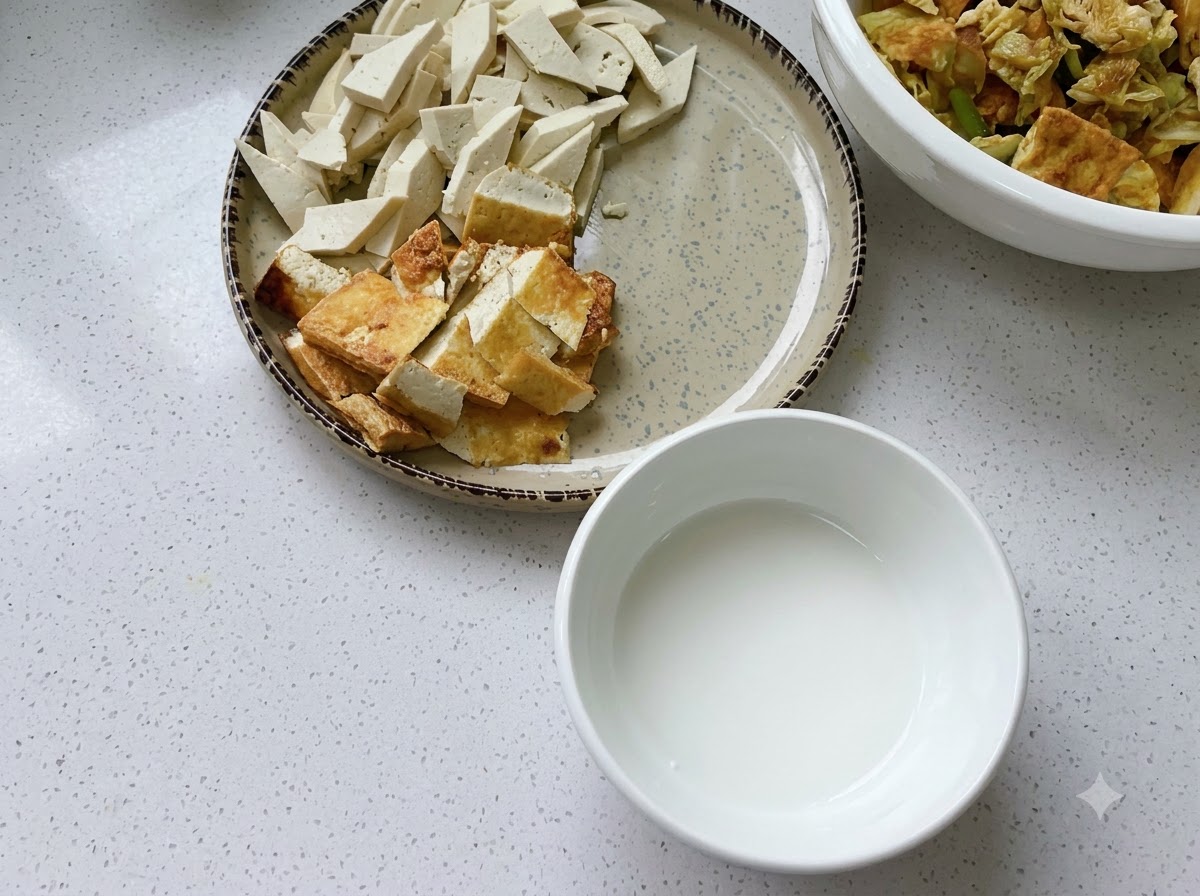 Assiettes contenant du tofu régulier tranché, du tofu frit, un œuf centenaire, des herbes et un bol damidon deau sur un comptoir.