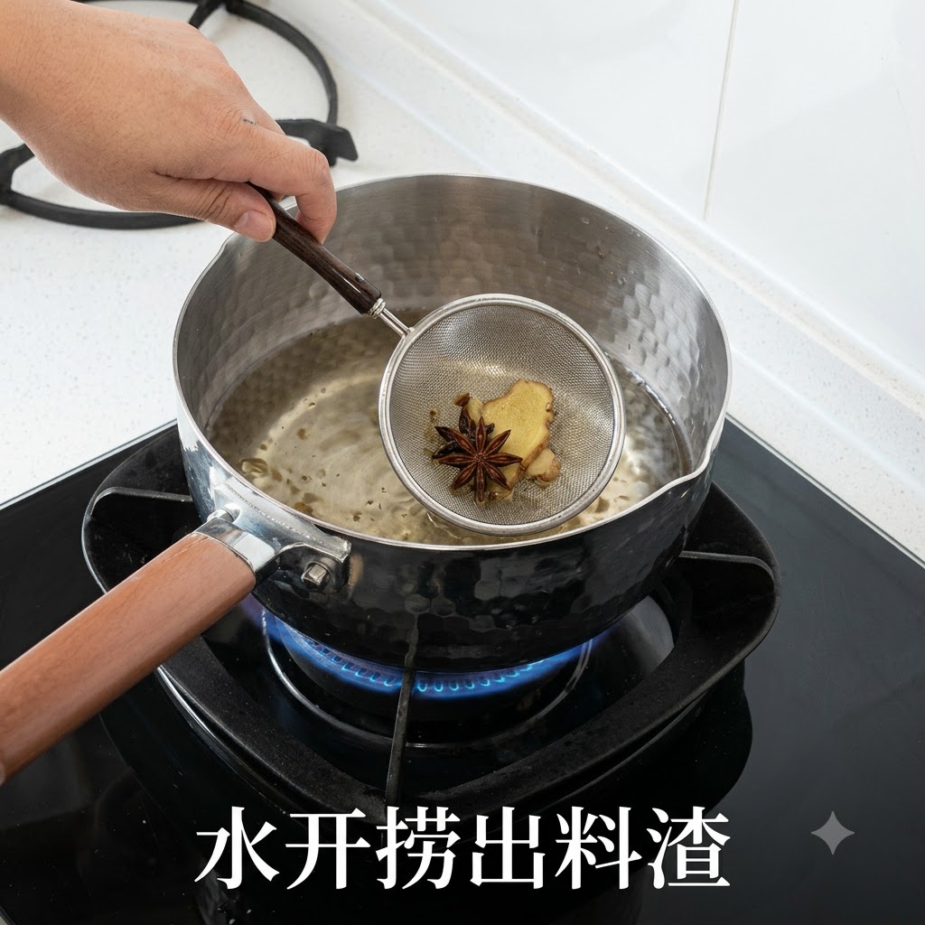 Une main tenant une passoire en treillis métallique contenant de la badiane et du gingembre au-dessus dune casserole deau bouillante.