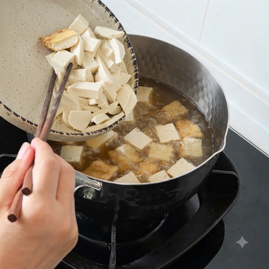 Des baguettes guidant du tofu tranché et des champignons noirs dune assiette vers une casserole de soupe bouillante.