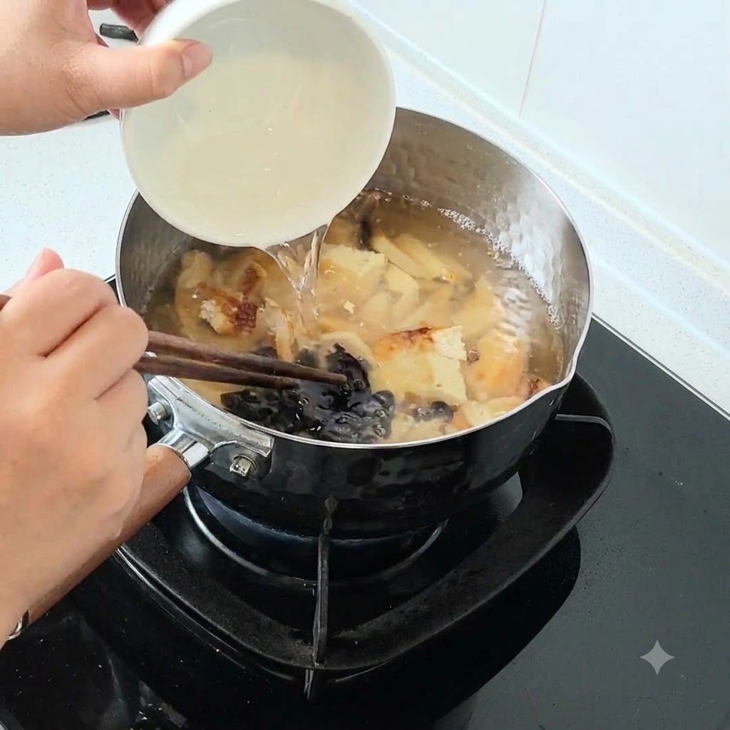 De la sauce soja versée dun petit bol dans une casserole de soupe frémissante avec du tofu et des champignons.