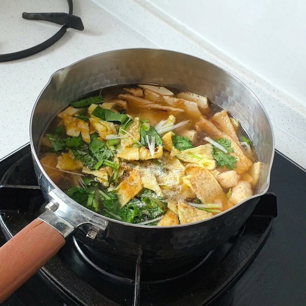 Une vue rapprochée de la casserole de soupe montrant des herbes fraîchement ajoutées, du poivre blanc et des assaisonnements mélangés uniformément à la surface du bouillon.